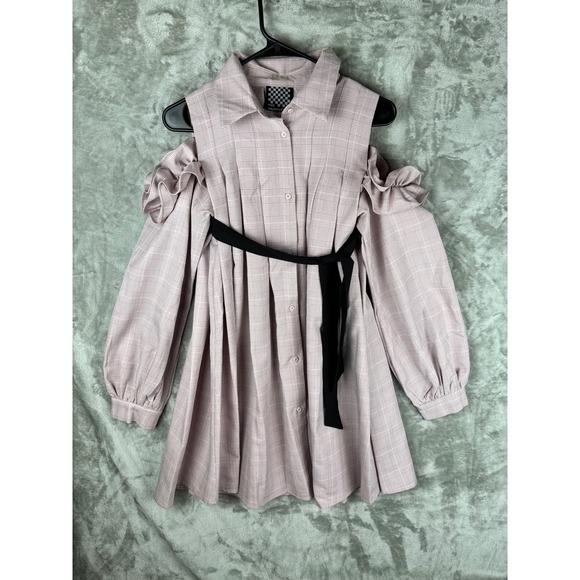 The Silhouette Pink Plaid Shirt Dress Dark Academia Heritage Tie Belt Pleated - Picture 4 of 16